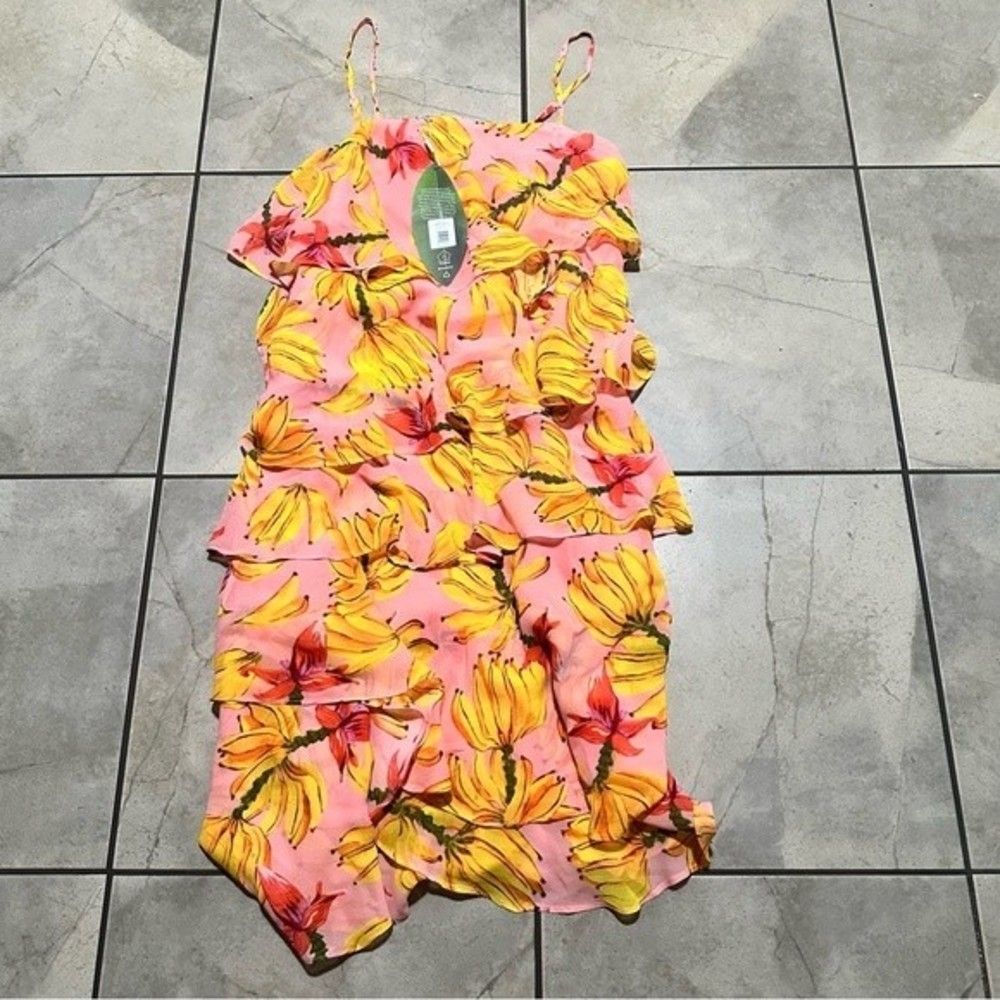 NWT Farm Rio Banana Taste Tiered Irregular Pink Sleeveless Midi Dress Ru… - Picture 6 of 12